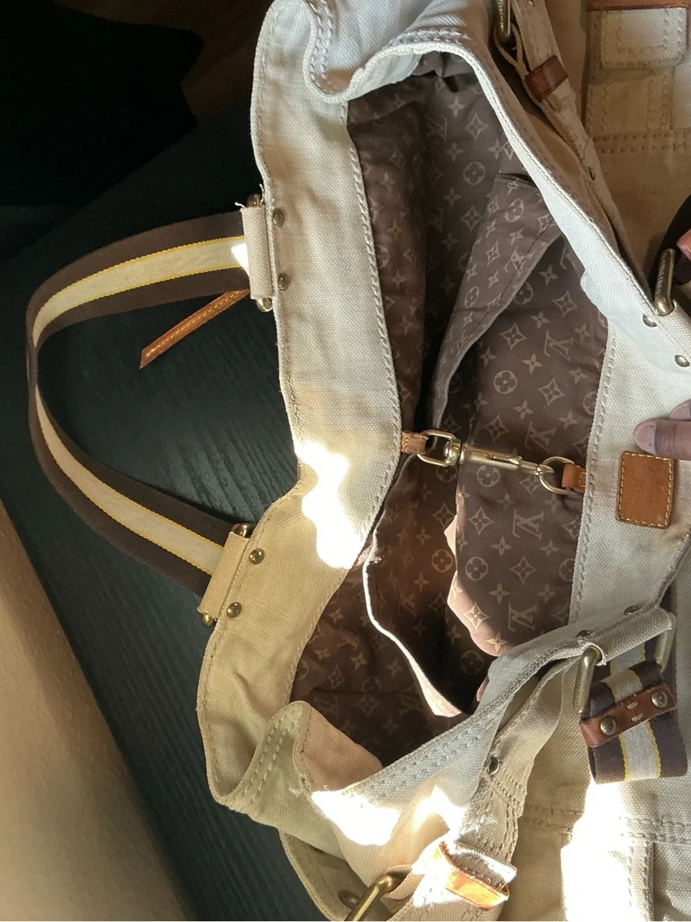 Louis Vuitton Beige Canvas Hobo with Mustard Yellow Logo Print